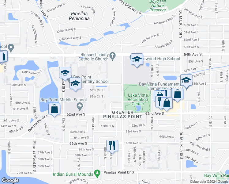 map of restaurants, bars, coffee shops, grocery stores, and more near 1640 58th Avenue South in St. Petersburg