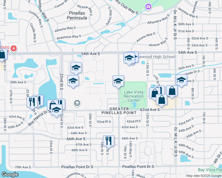 map of restaurants, bars, coffee shops, grocery stores, and more near 1640 58th Avenue South in St. Petersburg