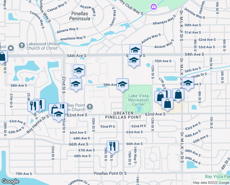 map of restaurants, bars, coffee shops, grocery stores, and more near 1640 58th Avenue South in St. Petersburg
