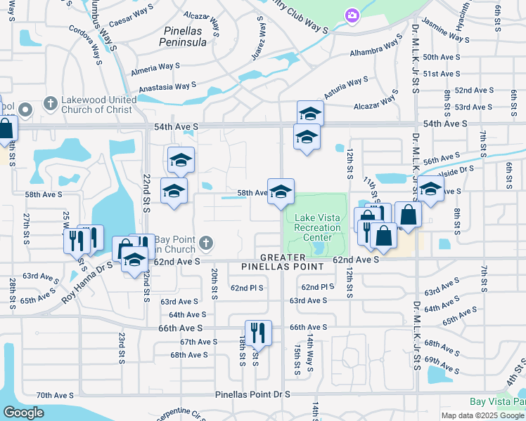 map of restaurants, bars, coffee shops, grocery stores, and more near 1640 58th Avenue South in St. Petersburg
