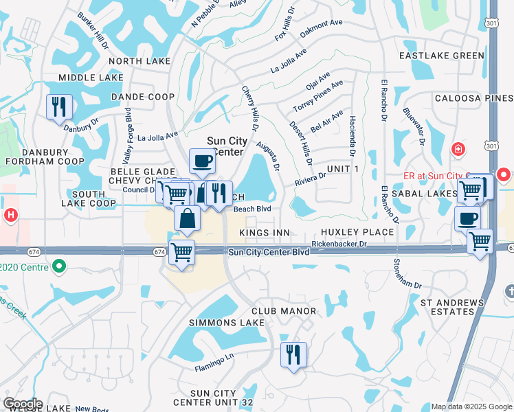 map of restaurants, bars, coffee shops, grocery stores, and more near 1107 Beach Boulevard in Sun City Center