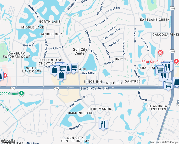 map of restaurants, bars, coffee shops, grocery stores, and more near 1107 Beach Boulevard in Sun City Center