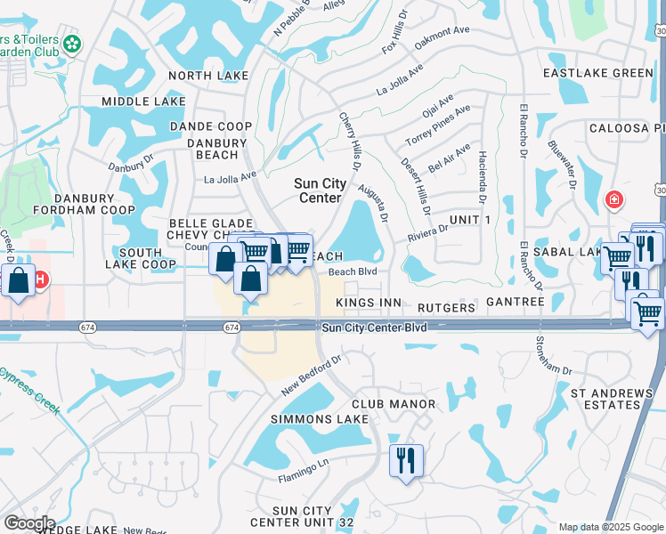 map of restaurants, bars, coffee shops, grocery stores, and more near 1301 Beach Boulevard in Sun City Center