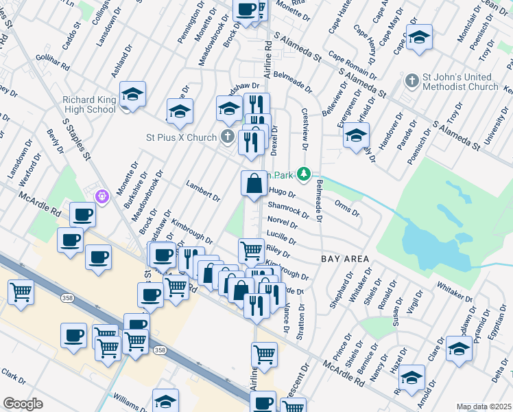 map of restaurants, bars, coffee shops, grocery stores, and more near 5801 Hugo Drive in Corpus Christi