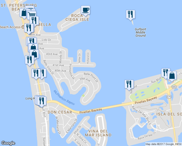 map of restaurants, bars, coffee shops, grocery stores, and more near 426 Belle Point Dr in St Petersburg