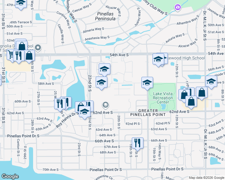 map of restaurants, bars, coffee shops, grocery stores, and more near 2000 58th Avenue South in St. Petersburg