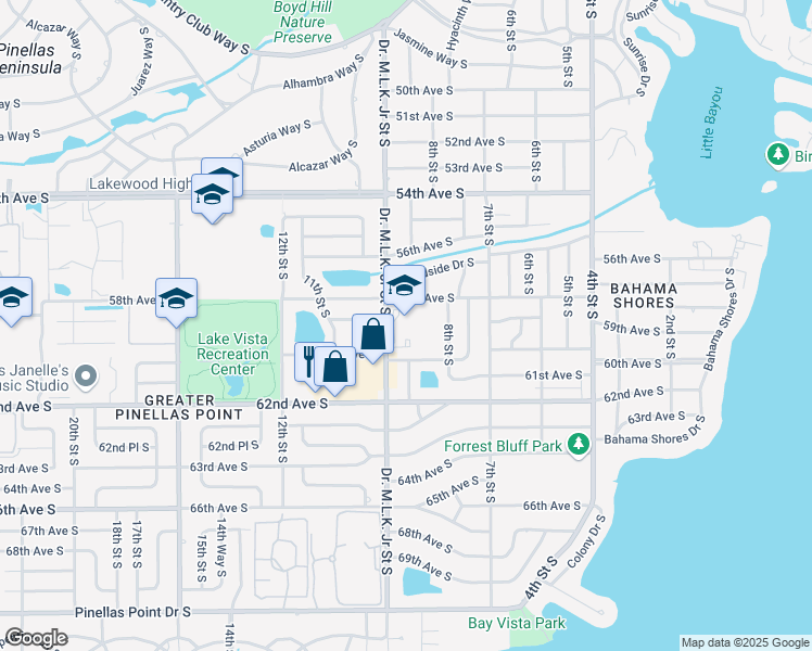 map of restaurants, bars, coffee shops, grocery stores, and more near 5900 Doctor Martin Luther King Junior Street South in St. Petersburg