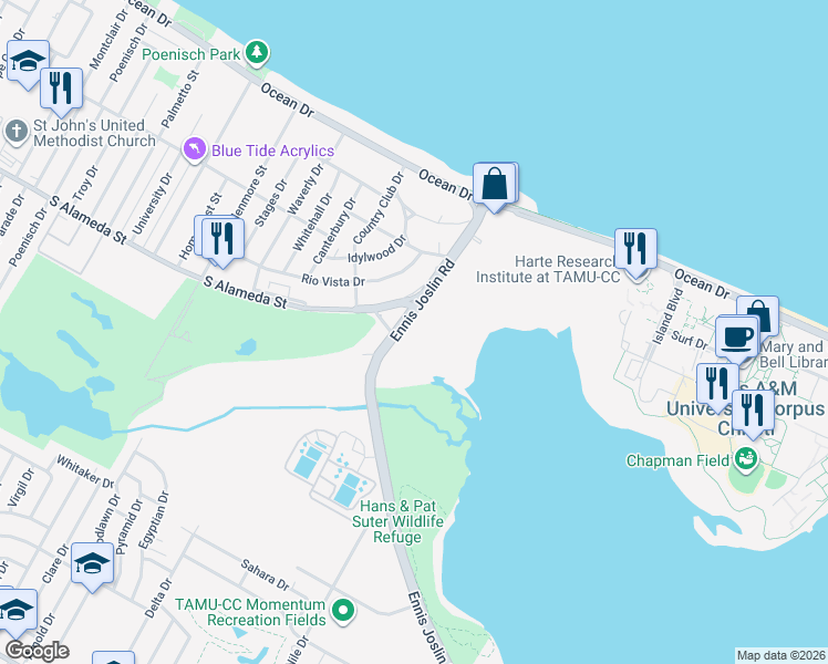 map of restaurants, bars, coffee shops, grocery stores, and more near 6037 South Alameda Street in Corpus Christi