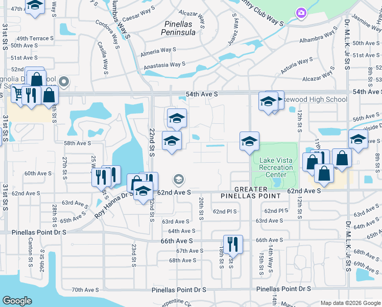 map of restaurants, bars, coffee shops, grocery stores, and more near 2016 58th Circle South in St. Petersburg