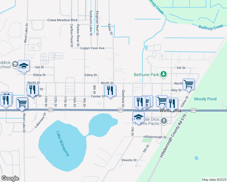 map of restaurants, bars, coffee shops, grocery stores, and more near 402 Delia Street in Wimauma
