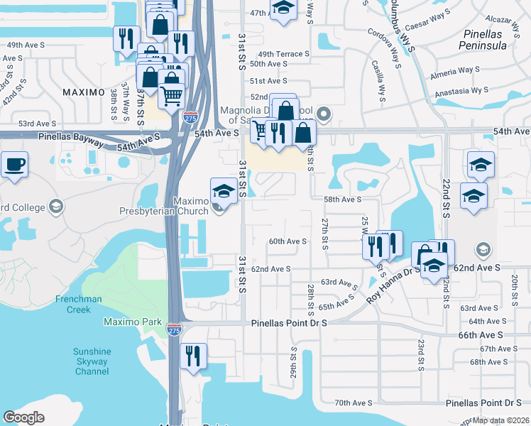 map of restaurants, bars, coffee shops, grocery stores, and more near 3000 58th Avenue South in St. Petersburg