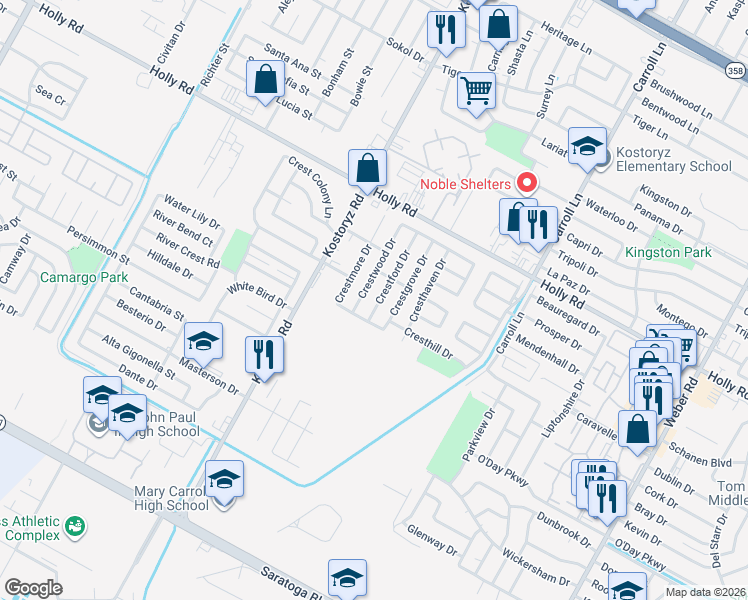map of restaurants, bars, coffee shops, grocery stores, and more near 5821 Crestford Drive in Corpus Christi