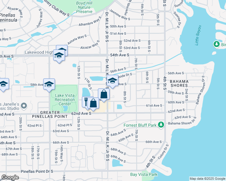 map of restaurants, bars, coffee shops, grocery stores, and more near 5900 Doctor Martin Luther King Junior Street South in St. Petersburg