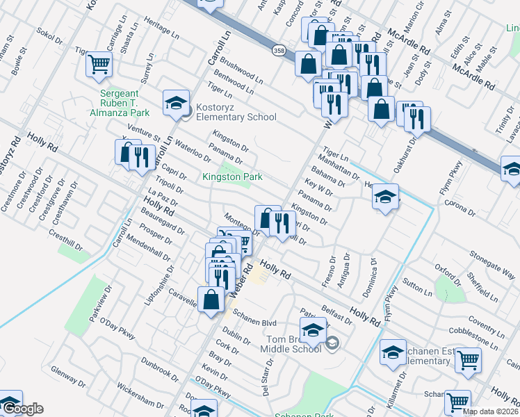 map of restaurants, bars, coffee shops, grocery stores, and more near 3918 Capri Drive in Corpus Christi