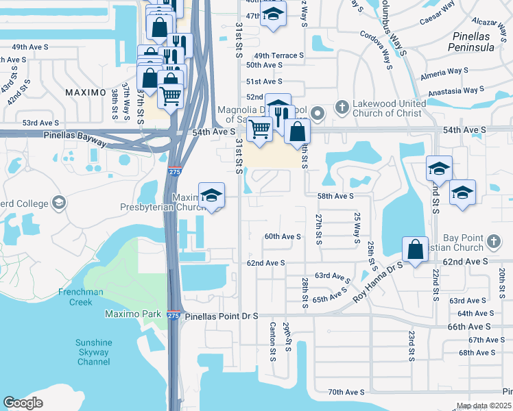 map of restaurants, bars, coffee shops, grocery stores, and more near 3000 58th Avenue South in St. Petersburg