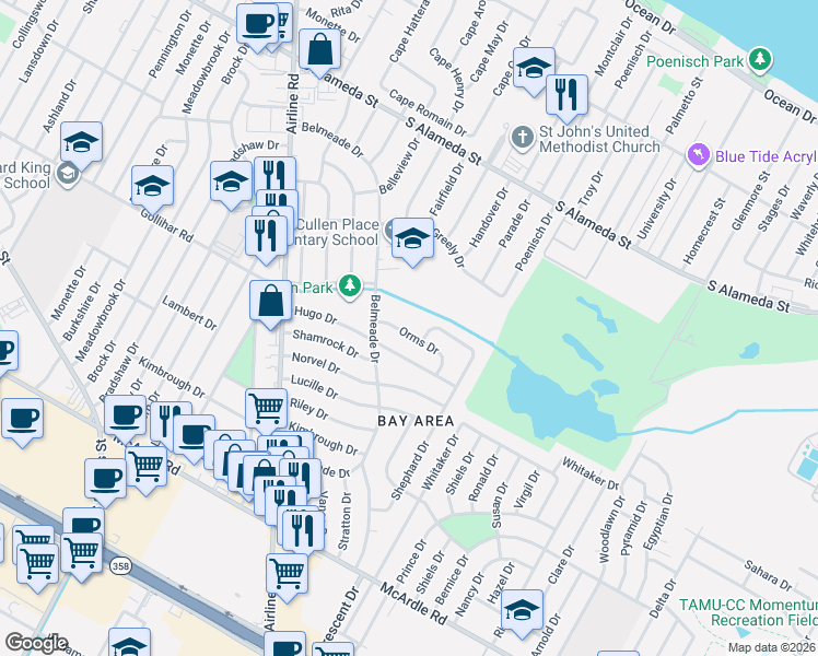 map of restaurants, bars, coffee shops, grocery stores, and more near 6018 Orms Drive in Corpus Christi