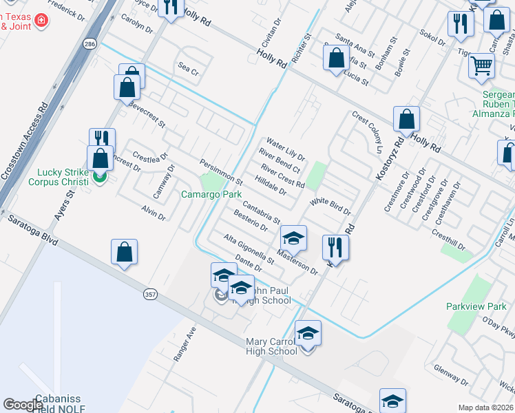 map of restaurants, bars, coffee shops, grocery stores, and more near 2929 Persimmon Street in Corpus Christi