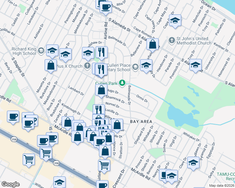 map of restaurants, bars, coffee shops, grocery stores, and more near 910 Airline Road in Corpus Christi