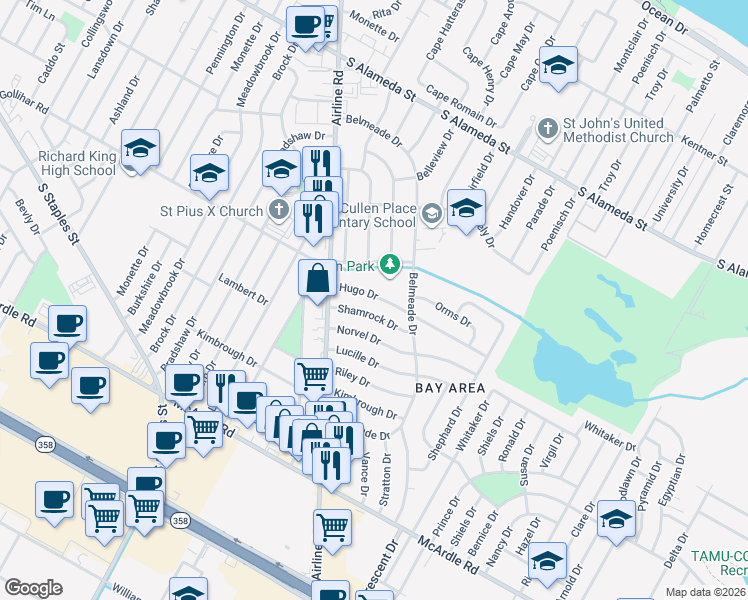 map of restaurants, bars, coffee shops, grocery stores, and more near 910 Airline Road in Corpus Christi