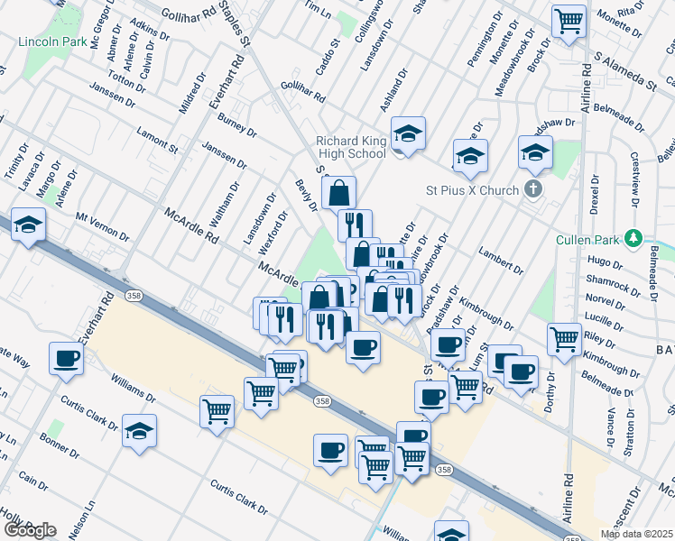 map of restaurants, bars, coffee shops, grocery stores, and more near 5302 McArdle Road in Corpus Christi