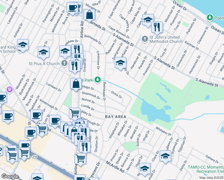 map of restaurants, bars, coffee shops, grocery stores, and more near 6018 Orms Drive in Corpus Christi