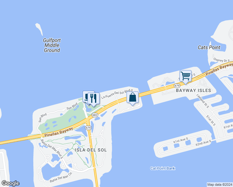 map of restaurants, bars, coffee shops, grocery stores, and more near 922 La Puerta Del Sol Boulevard South in St. Petersburg