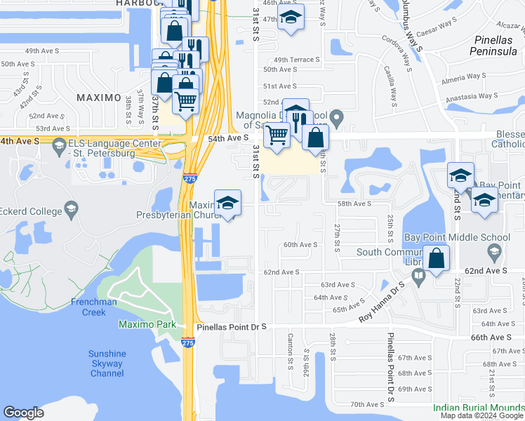 map of restaurants, bars, coffee shops, grocery stores, and more near 3080 58th Avenue South in St. Petersburg