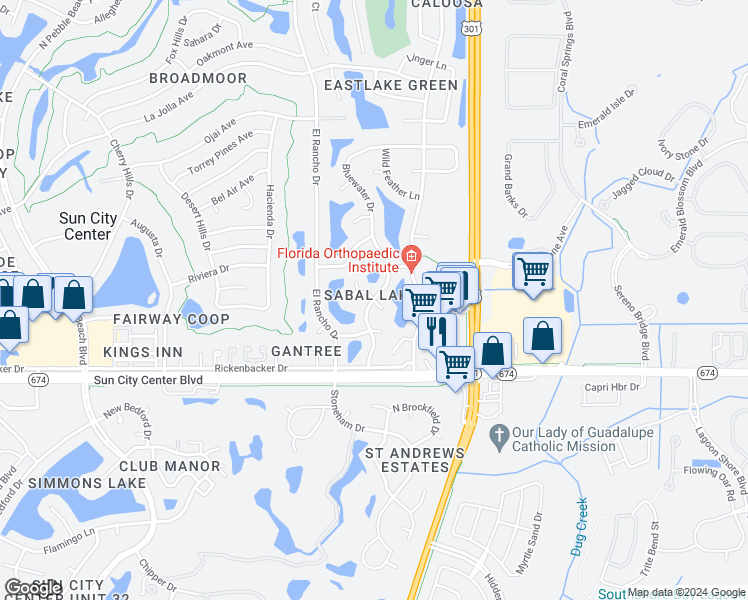 map of restaurants, bars, coffee shops, grocery stores, and more near 1000 Bluewater Drive in Sun City Center