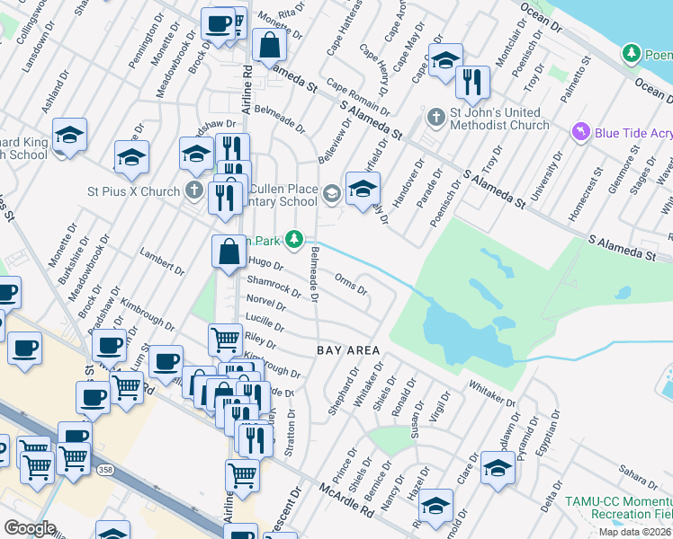 map of restaurants, bars, coffee shops, grocery stores, and more near 6018 Orms Drive in Corpus Christi