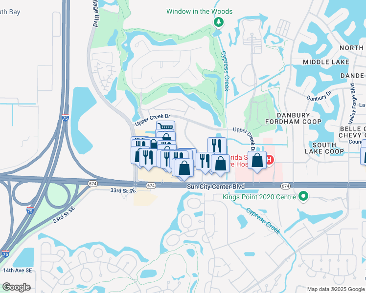 map of restaurants, bars, coffee shops, grocery stores, and more near 758 Cortaro Drive in Sun City Center