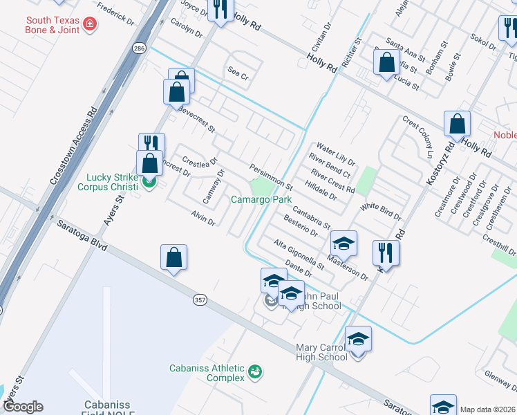 map of restaurants, bars, coffee shops, grocery stores, and more near 2714 Camargo Drive in Corpus Christi