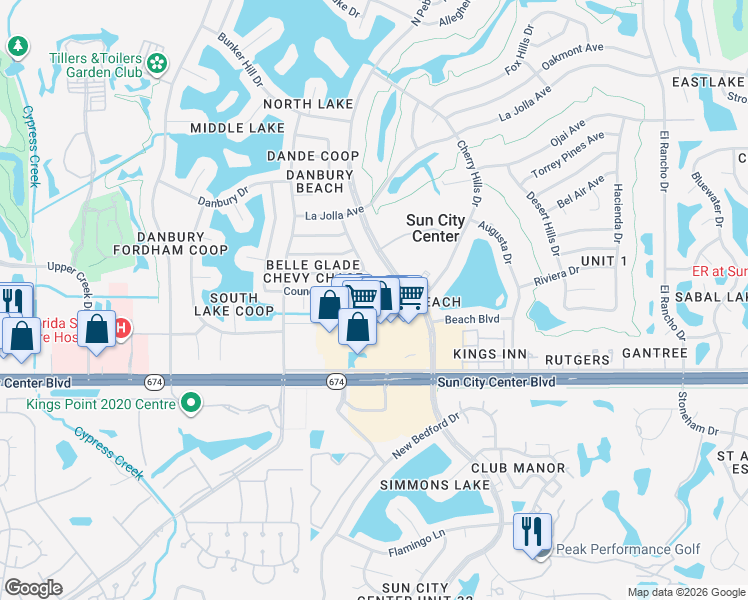 map of restaurants, bars, coffee shops, grocery stores, and more near 1522 Council Drive in Sun City Center