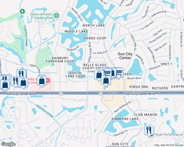 map of restaurants, bars, coffee shops, grocery stores, and more near 1620 Council Drive in Sun City Center