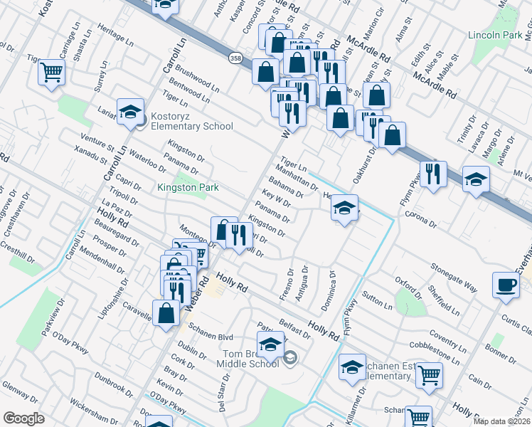 map of restaurants, bars, coffee shops, grocery stores, and more near 4017 Panama Drive in Corpus Christi