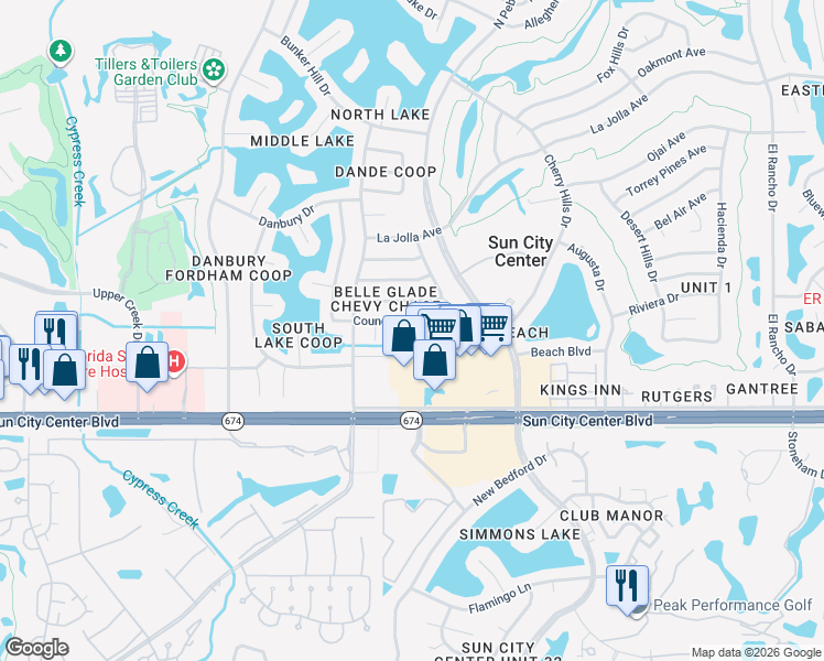 map of restaurants, bars, coffee shops, grocery stores, and more near 1578 Council Drive in Sun City Center