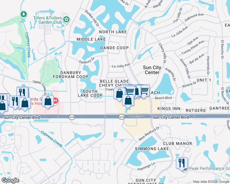 map of restaurants, bars, coffee shops, grocery stores, and more near 1620 Council Drive in Sun City Center