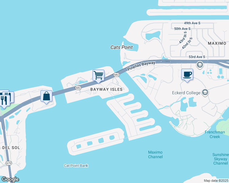 map of restaurants, bars, coffee shops, grocery stores, and more near 5650 Leeland Street South in St. Petersburg