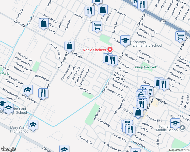 map of restaurants, bars, coffee shops, grocery stores, and more near 5726 Crest Forest Drive in Corpus Christi