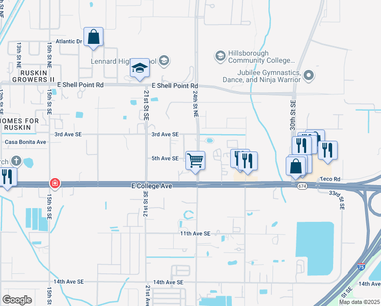 map of restaurants, bars, coffee shops, grocery stores, and more near 315 24th Street Southeast in Ruskin