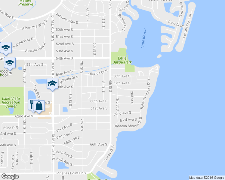 map of restaurants, bars, coffee shops, grocery stores, and more near 5810 4th Street South in St. Petersburg