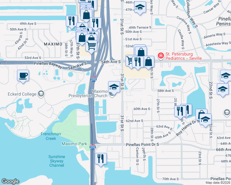 map of restaurants, bars, coffee shops, grocery stores, and more near 5695 31st Street South in St. Petersburg