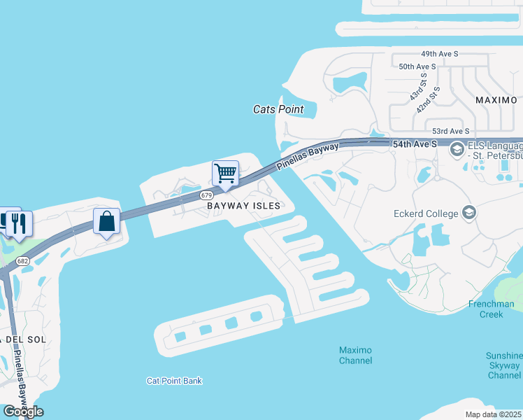 map of restaurants, bars, coffee shops, grocery stores, and more near 5650 Leeland Street South in St. Petersburg