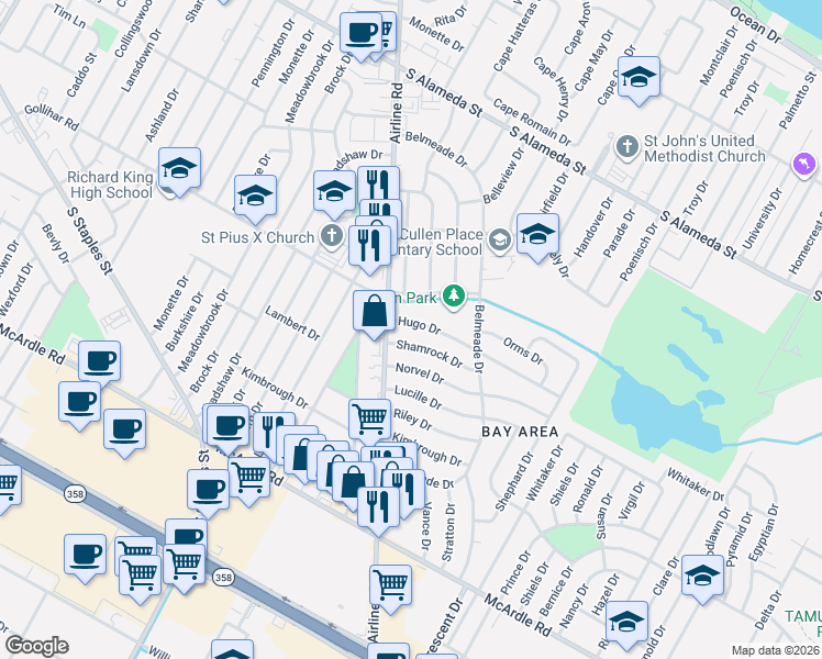map of restaurants, bars, coffee shops, grocery stores, and more near 5801 Hugo Drive in Corpus Christi