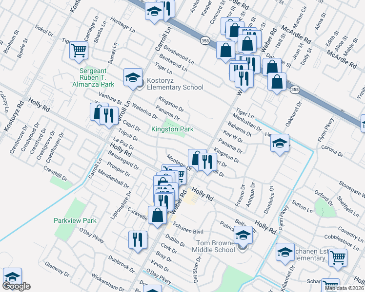 map of restaurants, bars, coffee shops, grocery stores, and more near 3833 Capri Drive in Corpus Christi