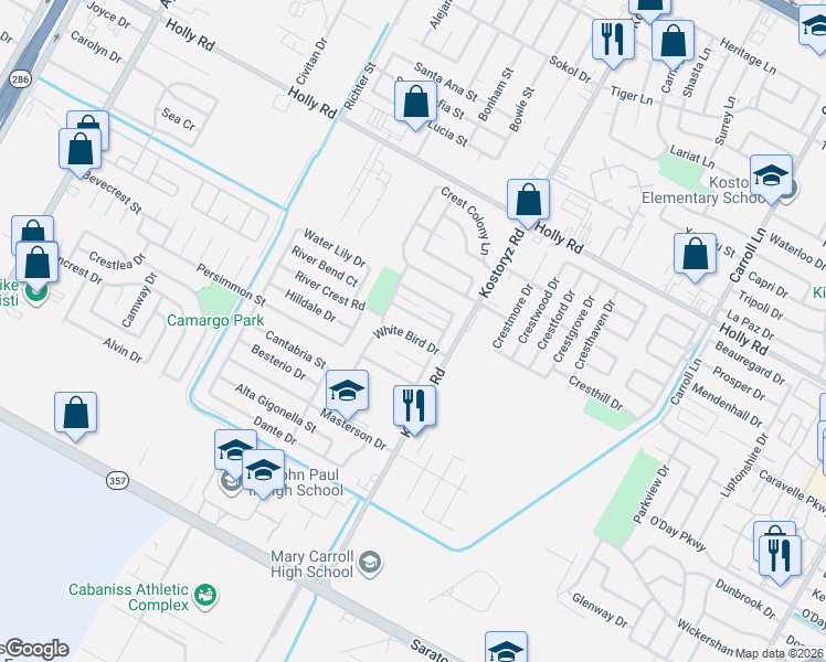 map of restaurants, bars, coffee shops, grocery stores, and more near 3114 White Bird Drive in Corpus Christi