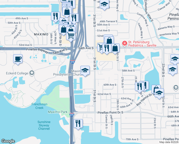 map of restaurants, bars, coffee shops, grocery stores, and more near 5695 31st Street South in St. Petersburg
