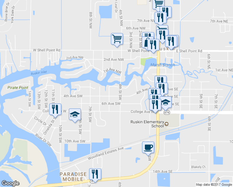 map of restaurants, bars, coffee shops, grocery stores, and more near 405 4th Avenue Southwest in Ruskin