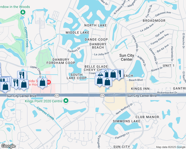 map of restaurants, bars, coffee shops, grocery stores, and more near 1620 Council Drive in Sun City Center