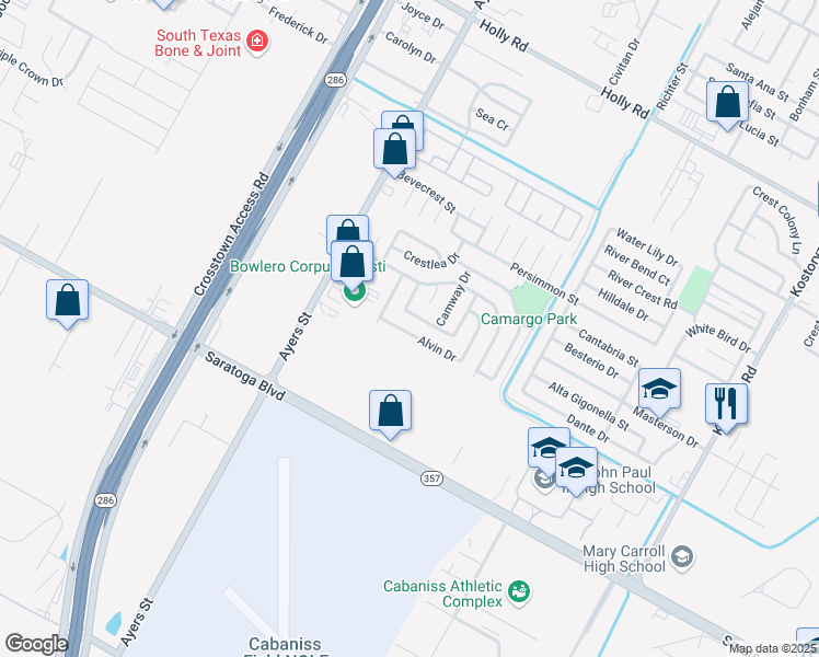 map of restaurants, bars, coffee shops, grocery stores, and more near 2626 Alvin Drive in Corpus Christi