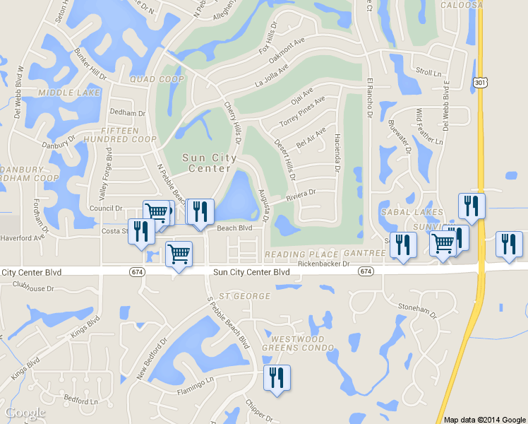 map of restaurants, bars, coffee shops, grocery stores, and more near 908 Augusta Drive in Sun City Center